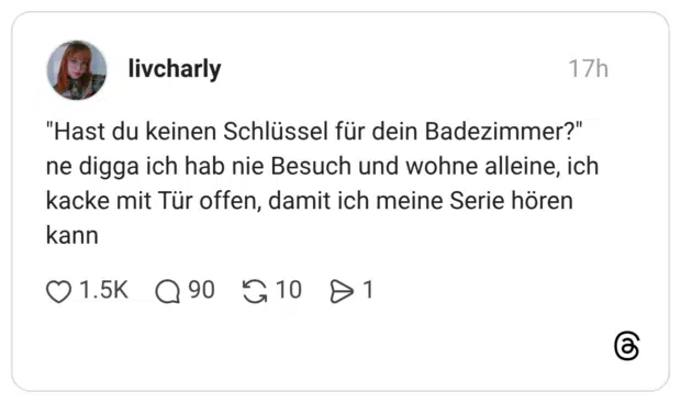 "Hast du keinen Schlüssel für dein Badezimmer?" ne digga ich hab nie Besuch und wohne alleine, ich kacke mit Tür offen, damit ich meine Serie hören kann