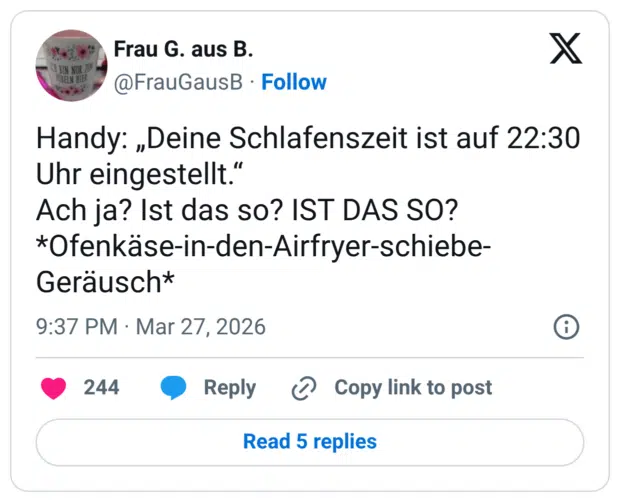 Handy: „Deine Schlafenszeit ist auf 22:30 Uhr eingestellt." Ach ja? Ist das so? IST DAS SO? *Ofenkäse-in-den-Airfryer-schiebe- Geräusch*