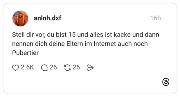 Stell dir vor, du bist 15 und alles ist kacke und dann nennen dich deine Eltern im Internet auch noch Pubertier