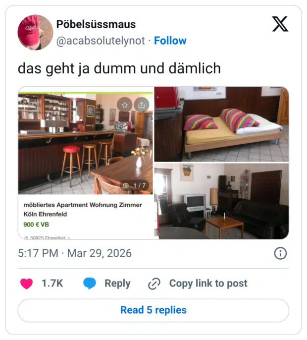 das geht ja dumm und dämlich möbliertes Apartment Wohnung Zimmer Köln Ehrenfeld 900