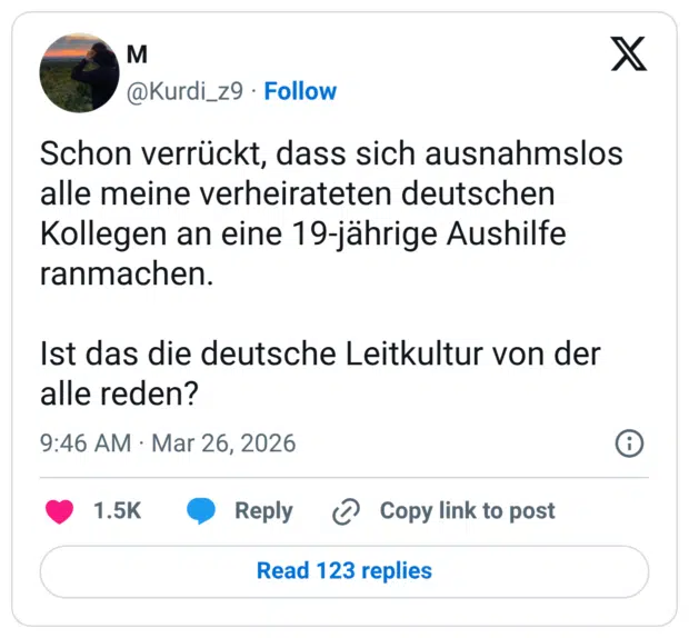 Schon verrückt, dass sich ausnahmslos alle meine verheirateten deutschen Kollegen an eine 19-jährige Aushilfe ranmachen. Ist das die deutsche Leitkultur von der alle reden?