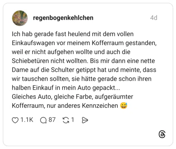 Ich hab gerade fast heulend mit dem vollen Einkaufswagen vor meinem Kofferraum gestanden, weil er nicht aufgehen wollte und auch die Schiebetüren nicht wollten. Bis mir dann eine nette Dame auf die Schulter getippt hat und meinte, dass wir tauschen sollten, sie hätte gerade schon ihren halben Einkauf in mein Auto gepackt... Gleiches Auto, gleiche Farbe, aufgeräumter Kofferraum, nur anderes Kennzeichen