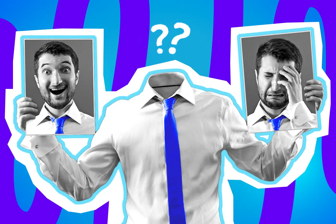 Ausdrucksstarke Collage zum Thema Identitätskrise: Ein kopfloser Mann in einem weißen Hemd mit leuchtend blauer Krawatte steht vor einem blau-violetten Wellen-Hintergrund. Anstelle seines Kopfes schweben weiße Fragezeichen. In seinen Händen hält er zwei Schwarz-Weiß-Porträts wie Masken vor sich: auf dem linken Bild lacht er übertrieben, auf dem rechten weint er verzweifelt. Das Pop-Art-Motiv visualisiert die Suche nach dem eigenen Ich und das Gefühl, keine echte Persönlichkeit zu besitzen.