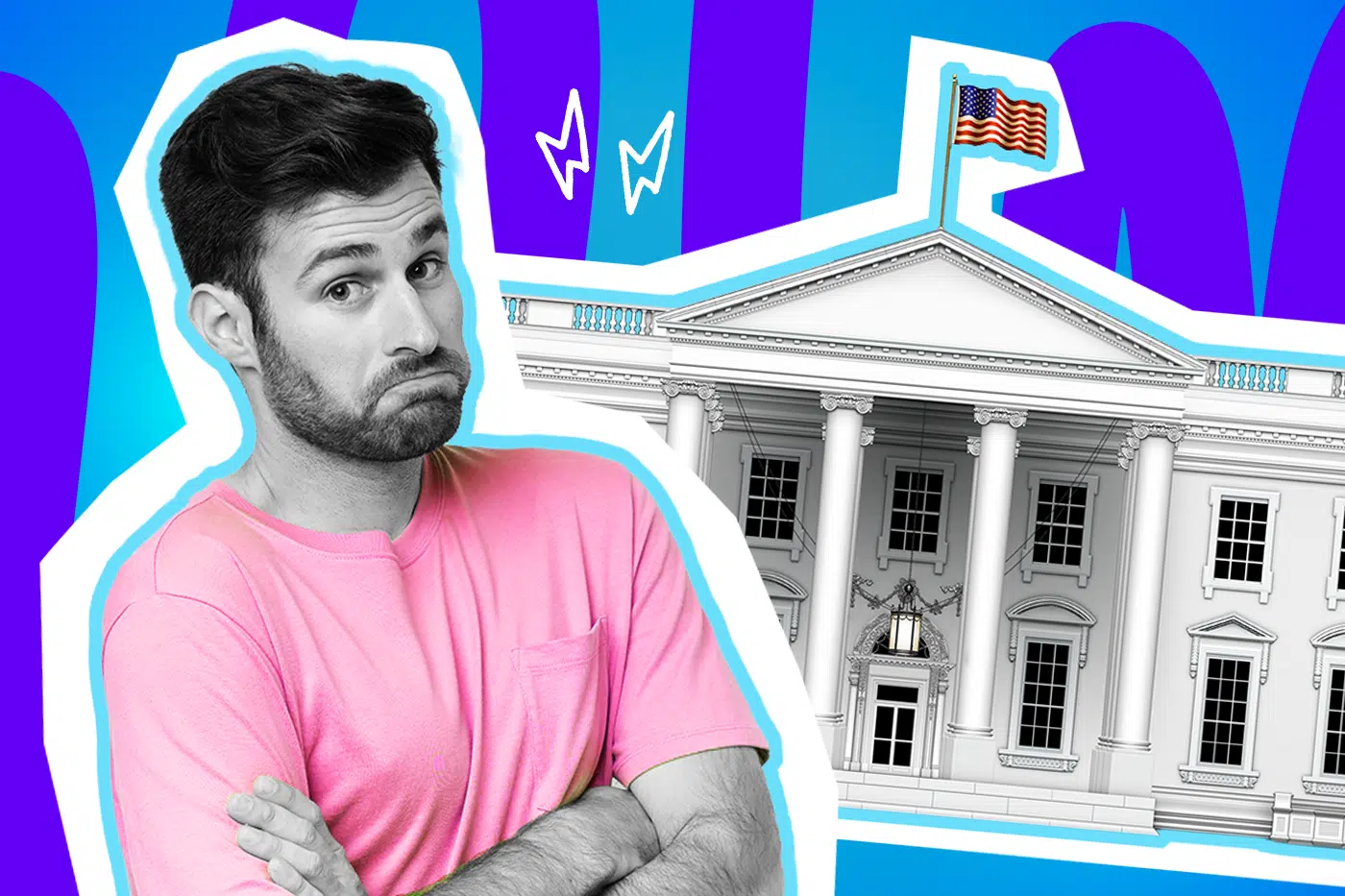 Ausdrucksstarke Collage zum Thema politisches Weltgeschehen und Nachrichten-Erschöpfung: Ein skeptisch und leicht resigniert dreinblickender Mann in Schwarz-Weiß zieht mit verschränkten Armen die Schultern hoch. Er trägt ein leuchtend pinkes T-Shirt. Rechts neben ihm ist das Weiße Haus in Washington D.C. als detaillierte Schwarz-Weiß-Illustration abgebildet, auf dessen Dach eine wehende US-amerikanische Flagge in voller Farbe thront. Weiße Blitz-Icons und das Pop-Art-Motiv vor einem markanten blau-violetten Wellen-Hintergrund visualisieren pointiert die anhaltenden globalen Spannungen, politische Kontroversen und das allgegenwärtige Gefühl der Überforderung beim täglichen Blick in die Nachrichten.