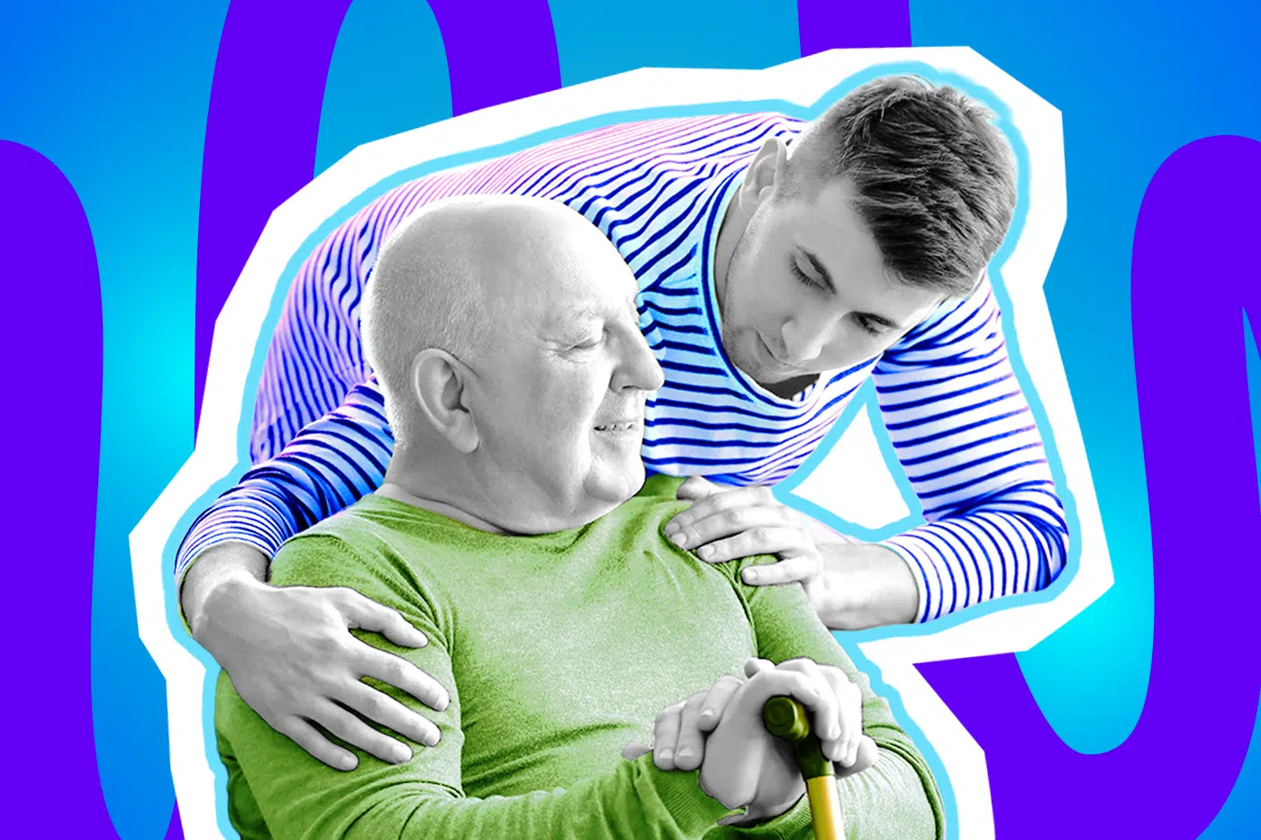 Emotionale Collage zum Thema Parentifizierung und Pflege von Angehörigen: Ein fürsorglich und besorgt blickender junger Mann in Schwarz-Weiß beugt sich von hinten über einen älteren, erschöpft wirkenden Mann und legt ihm stützend und tröstend die Hände auf Schulter und Arm. Der jüngere Mann trägt ein leuchtend blau-weiß gestreiftes Langarmshirt, der ältere Mann ein knallgrünes Oberteil, während er sich schwerfällig auf einen Gehstock stützt. Das Pop-Art-Motiv vor einem markanten blau-violetten Wellen-Hintergrund visualisiert pointiert die emotionale Schwere, den plötzlichen Rollentausch innerhalb der Familie und die stille Last derer, die plötzlich bedingungslos funktionieren müssen, ohne dass jemand nach ihrem eigenen Befinden fragt.