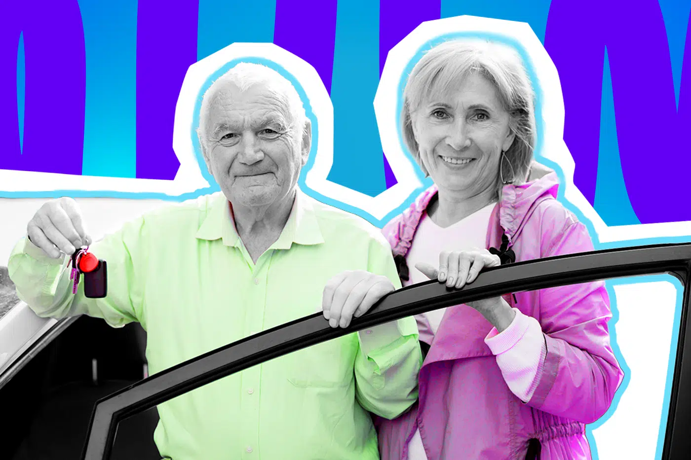 Humorvolle Collage zum Thema Senioren im Straßenverkehr: Ein freundlich lächelndes, älteres Paar in Schwarz-Weiß steht an der geöffneten Tür eines schwarzen Autos. Der Mann hält triumphierend einen Autoschlüssel mit rotem Anhänger in die Kamera und trägt ein leuchtend neongrünes Hemd. Die Frau daneben trägt eine knallpinke Jacke. Das Pop-Art-Motiv vor einem markanten blau-violetten Wellen-Hintergrund visualisiert pointiert den oft diskutierten, halsbrecherischen (oder einschläfernden) Fahrstil der Generation 70+, den täglichen Wahnsinn auf der Landstraße und die ewige Debatte um Rentner am Steuer.