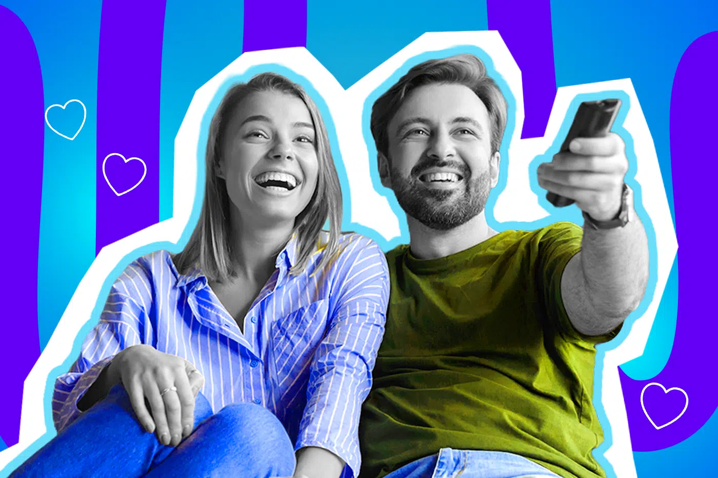 Humorvolle Collage zum Thema Beziehungsleben und Paar-Alltag: Ein fröhlich lachendes Paar blickt in Schwarz-Weiß entspannt nach vorne, als würden sie gemeinsam fernsehen. Der Mann hält eine Fernbedienung in der Hand und trägt ein leuchtend olivgrünes T-Shirt. Die Frau neben ihm strahlt übers ganze Gesicht und trägt eine leuchtend blau-weiß gestreifte Bluse. Weiße Herz-Icons und das Pop-Art-Motiv vor einem markanten blau-violetten Wellen-Hintergrund visualisieren pointiert die (vermeintlich) harmonischen Kuschelabende, die friedlichen fünf Minuten des Tages und die süßen kleinen Momente, die den ganzen Alltags-Wahnsinn in einer Partnerschaft am Ende doch irgendwie wert machen.