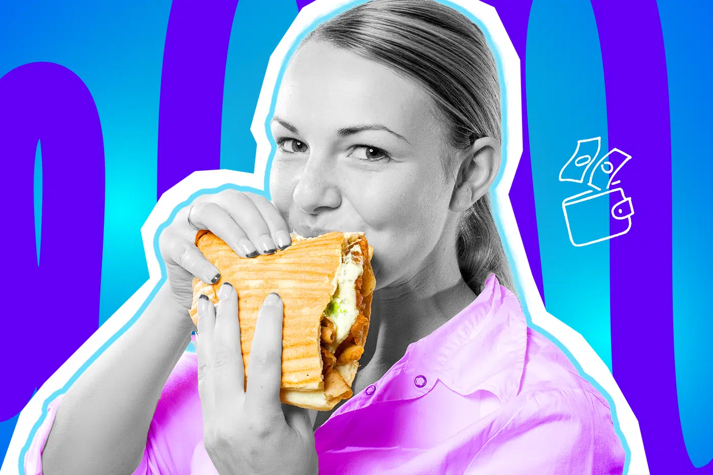 Humorvolle Collage zum Thema Dönerpreise und Inflation: Eine fröhlich blickende Frau in Schwarz-Weiß beißt genüsslich in einen farbigen, prall gefüllten Döner Kebab. Sie trägt ein leuchtend pinkfarbenes Hemd, das farblich stark hervortritt. Rechts neben ihr schwebt ein weißes Icon einer geöffneten Geldbörse, aus der Geldscheine davonfliegen. Das Pop-Art-Motiv vor einem markanten blau-violetten Wellen-Hintergrund visualisiert pointiert den absoluten Genuss des beliebten Fast Foods, gepaart mit dem bitteren Schmerz über die rasant steigenden Preise an der Imbissbude.