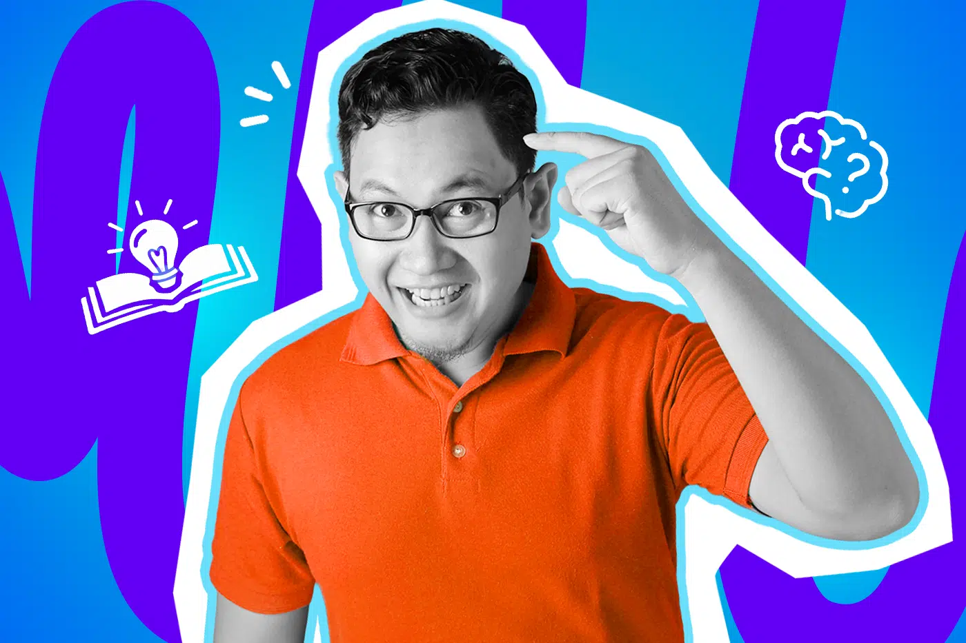 Humorvolle Collage zum Thema Dokumentationen und Binge-Watching: Ein wissend und stolz lächelnder Mann mit Brille in Schwarz-Weiß blickt in die Kamera und tippt sich mit dem Zeigefinger schlau an die Schläfe. Er trägt ein leuchtend orangefarbenes Poloshirt. Weiße Icons eines aufgeschlagenen Buches mit Glühbirne und eines Gehirns mit Fragezeichen sowie das Pop-Art-Motiv vor einem markanten blau-violetten Wellen-Hintergrund visualisieren pointiert das herrliche (und oft unbegründete) Gefühl intellektueller Überlegenheit, das sich beim stundenlangen Schauen von Dokus ganz automatisch einstellt.