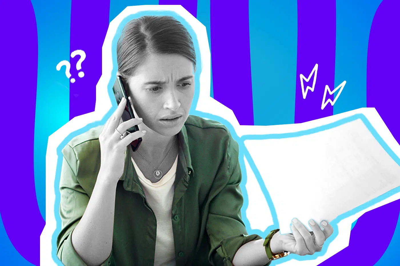 Humorvolle Collage zum Thema Steuererklärung und Finanzamt-Frust: Eine extrem gestresst und verwirrt blickende Frau in Schwarz-Weiß telefoniert mit dem Smartphone am Ohr und starrt fassungslos auf ein leeres Dokument in ihrer anderen Hand. Sie trägt eine dunkelgrüne Bluse über einem weißen Shirt. Weiße Fragezeichen- und Blitz-Icons um sie herum sowie das Pop-Art-Motiv vor einem blau-violetten Wellen-Hintergrund visualisieren humorvoll den puren Stress, die absolute Überforderung und den sprichwörtlichen Papierkrieg, wenn mal wieder ein Brief vom Finanzamt ins Haus flattert.