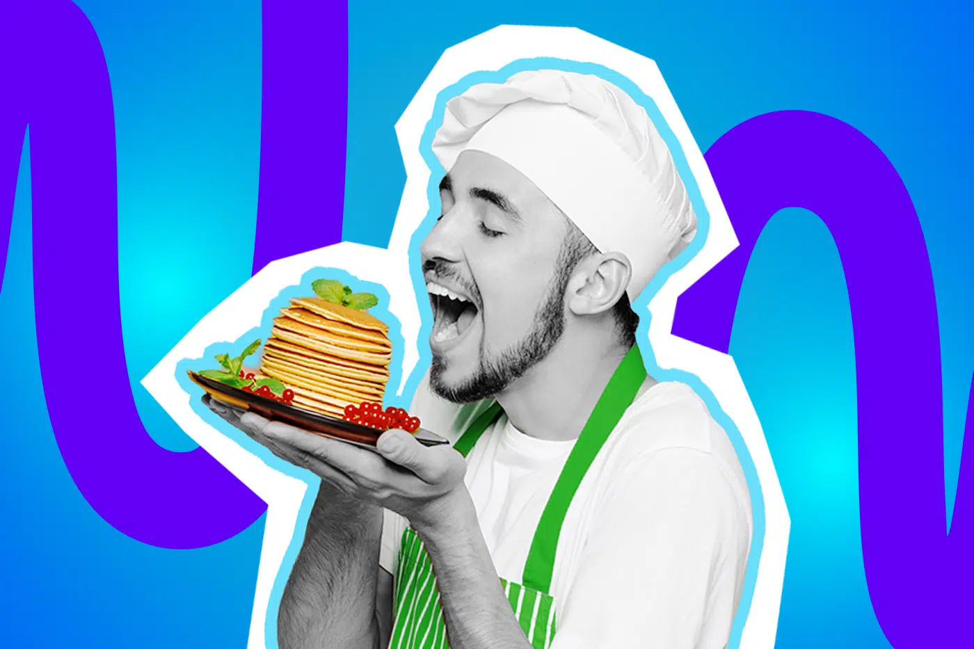 Humorvolle Collage zum Thema Frühstück und Genuss: Ein Mann in Schwarz-Weiß mit Kochmütze und Bart hält mit geschlossenen Augen und weit aufgerissenem Mund voller Vorfreude einen Teller dicht an sein Gesicht. Er trägt eine leuchtend grüne, gestreifte Schürze, die farblich stark hervortritt. Auf dem Teller stapelt sich ein farbenfroher Turm aus goldbraunen Pancakes, garniert mit frischen grünen Minzblättern und knallroten Johannisbeeren. Das Pop-Art-Motiv vor einem markanten blau-violetten Wellen-Hintergrund visualisieren pointiert die absolute Leidenschaft für gutes Essen, den perfekten Start in den Tag und das zelebrierte Frühstück.