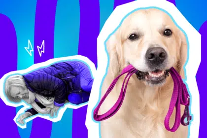 Humorvolle Collage zum Thema Hunde-Alltag und Gassi-Fails: Auf der linken Seite liegt eine gestürzte ältere Frau in Schwarz-Weiß am Boden und stützt sich angestrengt ab. Sie trägt eine dunkelblaue Steppjacke und leuchtend blaue Hosen. Weiße Blitz-Icons über ihr deuten den harten Aufprall an. Rechts daneben blickt ein fröhlicher Golden Retriever in Farbe in die Kamera und hält freudig eine knallpinke Hundeleine im Maul. Das Pop-Art-Motiv vor einem blau-violetten Wellen-Hintergrund visualisiert humorvoll den täglichen Gassi-Wahnsinn und die berechtigte Frage, wer hier eigentlich mit wem spazieren geht.