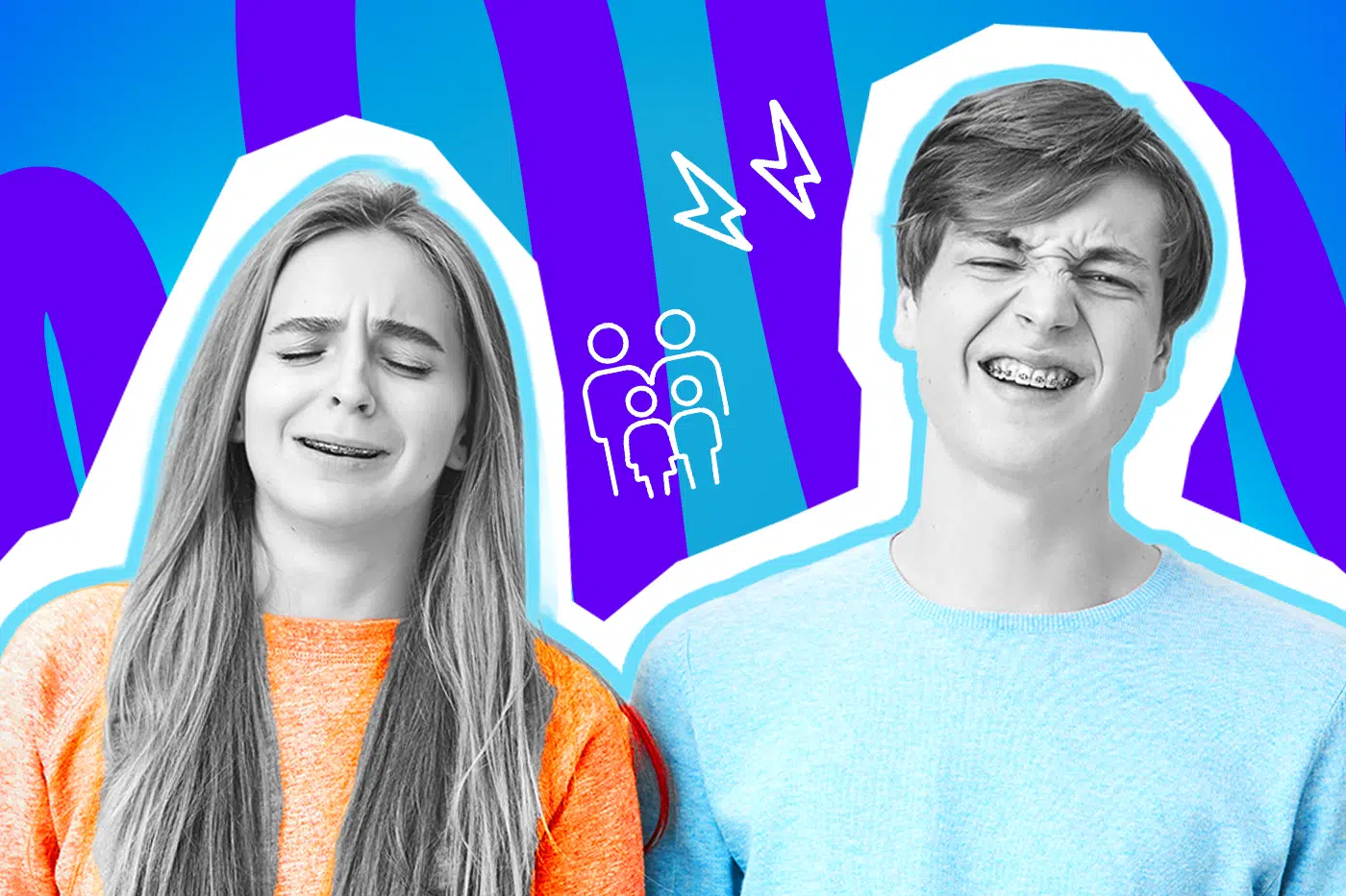 Humorvolle Collage zum Thema Geschwisterstreit und Familienalltag: Ein Bruder und eine Schwester in Schwarz-Weiß stehen nebeneinander und kneifen beide völlig genervt, fast schon jammernd, die Augen zusammen. Sie trägt ein leuchtend orangefarbenes Oberteil, er einen hellblauen Pullover. Bei beiden ist beim Verziehen des Gesichts eine Zahnspange zu erkennen. Weiße Blitz-Icons, das Icon einer vierköpfigen Familie sowie das Pop-Art-Motiv vor einem markanten blau-violetten Wellen-Hintergrund visualisieren pointiert das tägliche Drama, die fliegenden Fetzen und die klassische Hassliebe, die das Leben mit Geschwistern so einzigartig macht.
