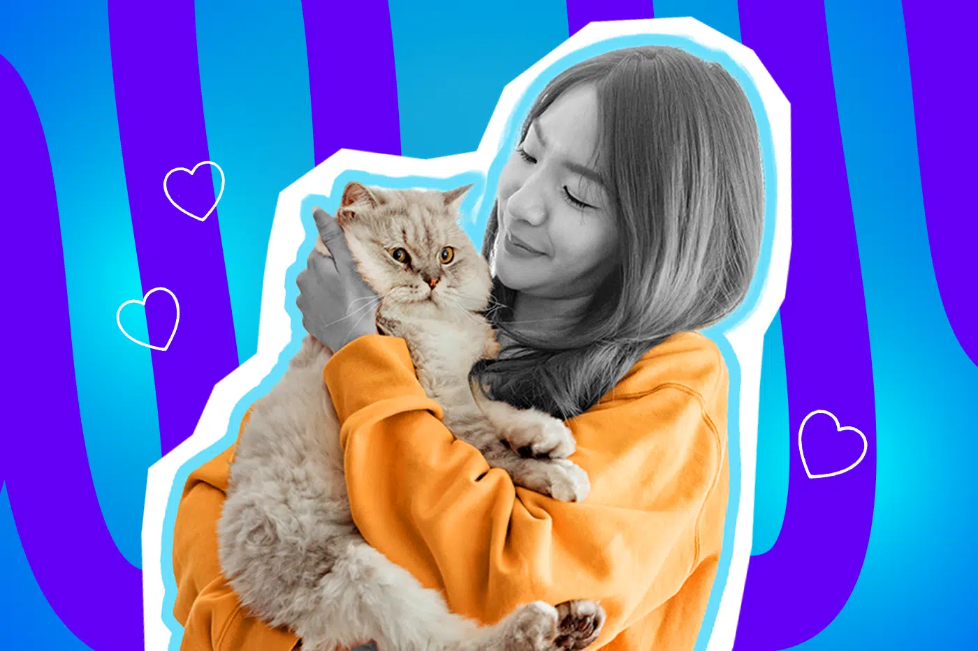 Humorvolle Collage zum Thema Haustierliebe, Katzenalltag und die besondere Bindung zum eigenen Tier: Im Zentrum steht eine junge Frau in Schwarz-Weiß, die mit geschlossenen Augen und einem verliebten Lächeln eine wuschelige Katze im Arm hält und mit ihr kuschelt. Sie trägt einen leuchtend orange-gelben Pullover, der farblich extrem stark hervortritt. Die Katze blickt mit den typisch großen, leicht skeptischen Katzenaugen in die Kamera. Weiße, schwebende Herz-Icons und das Pop-Art-Motiv vor einem markanten blau-violetten Wellen-Hintergrund visualisieren pointiert die bedingungslose Liebe zum eigenen Vierbeiner – auch wenn dieser einen morgens um vier Uhr weckt oder die Wohnung auf den Kopf stellt