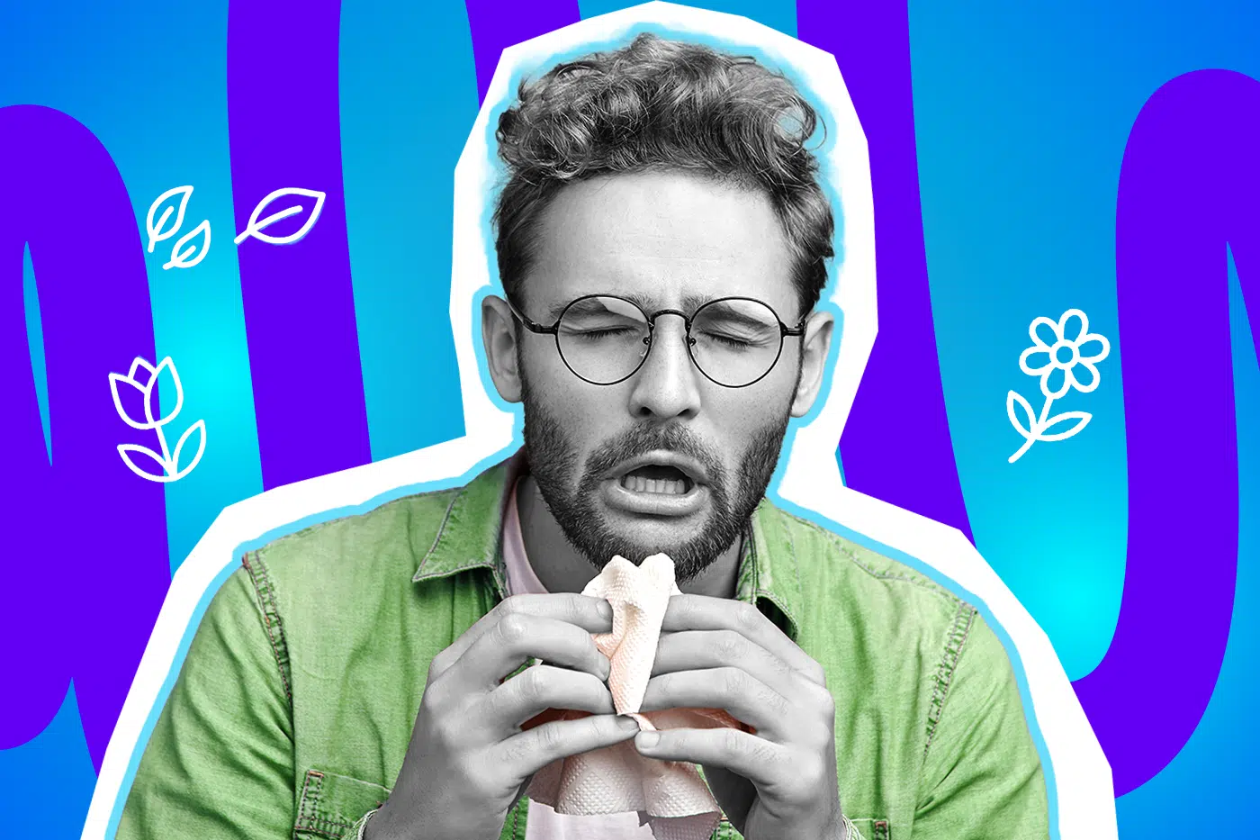Humorvolle Collage zum Thema Heuschnupfen und Pollenallergie: Ein geplagter Mann in Schwarz-Weiß mit Brille und Bart kneift die Augen fest zusammen und reißt den Mund zu einem gewaltigen Nieser auf. Er presst sich verzweifelt ein helles Taschentuch ans Gesicht und trägt ein leuchtend grünes Hemd. Weiße Icons von fliegenden Blättern und Blumen um ihn herum sowie das Pop-Art-Motiv vor einem blau-violetten Wellen-Hintergrund visualisieren humorvoll die pure Verzweiflung der Allergiesaison und den ständigen Kampf gegen die unsichtbare Pollen-Armee.