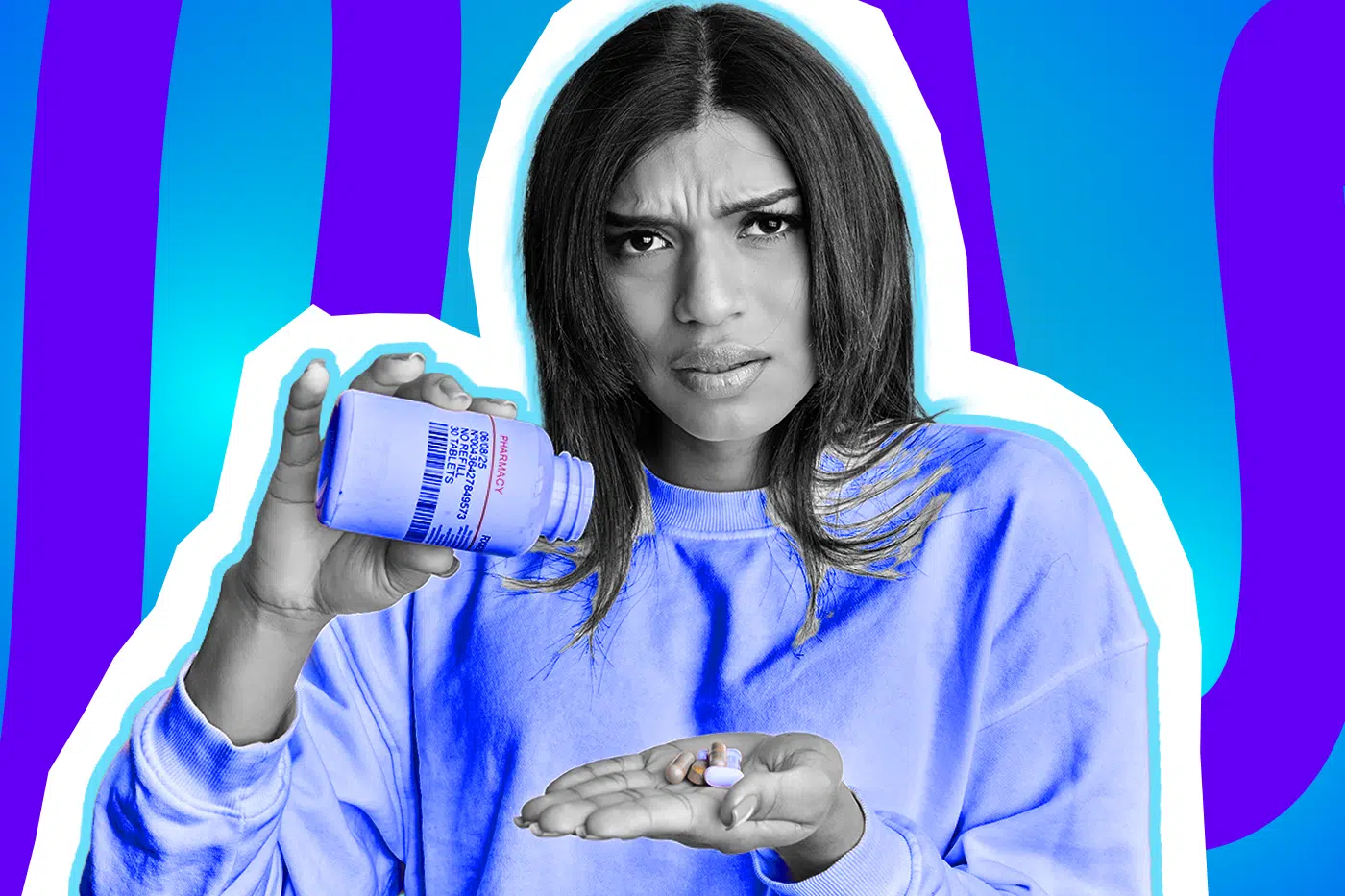 Ausdrucksstarke Collage zum Thema Homöopathie und alternative Medizin: Eine extrem skeptisch und verwirrt dreinblickende Frau in Schwarz-Weiß schüttet sich ein paar Tabletten aus einer leuchtend blauen Medikamentendose in die Handfläche. Sie trägt einen farblich passenden, knallblauen Pullover. Das Pop-Art-Motiv vor einem blau-violetten Wellen-Hintergrund visualisiert humorvoll den großen Zweifel an der Wirksamkeit von stark verdünnten Mittelchen und den kritischen Blick auf den Placebo-Effekt.