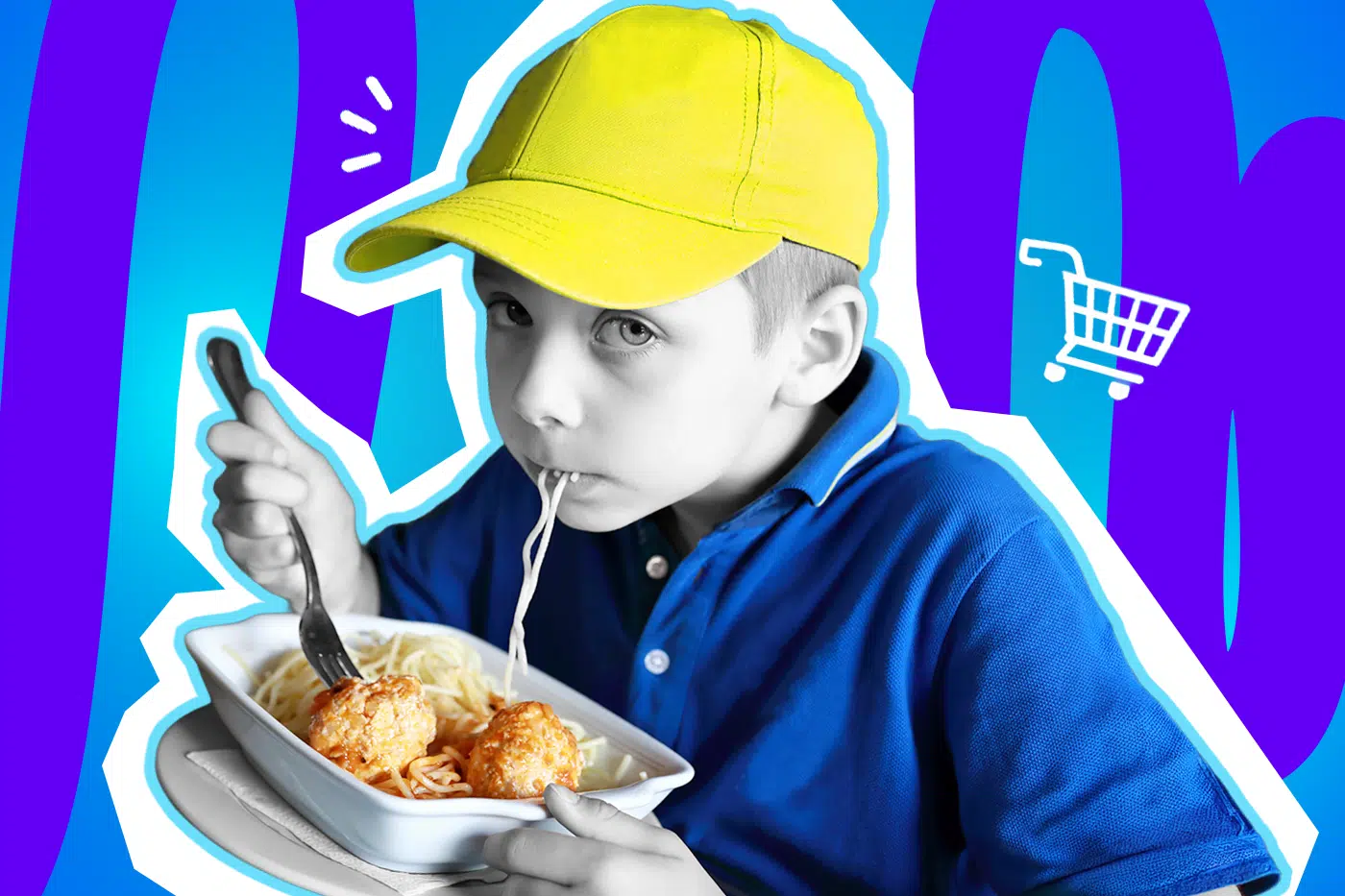 Humorvolle Collage zum Thema Möbel-Shopping: Ein Junge in Schwarz-Weiß isst konzentriert Spaghetti mit Fleischbällchen. Passend zu den Farben des bekannten schwedischen Möbelhauses trägt er eine leuchtend gelbe Kappe und ein knallblaues Poloshirt. Rechts neben ihm schwebt ein weißes Einkaufswagen-Icon. Das Pop-Art-Motiv vor einem blau-violetten Wellen-Hintergrund visualisiert humorvoll den obligatorischen Restaurant-Besuch und das unvermeidliche Kauf-Chaos beim Möbel-Shoppen.