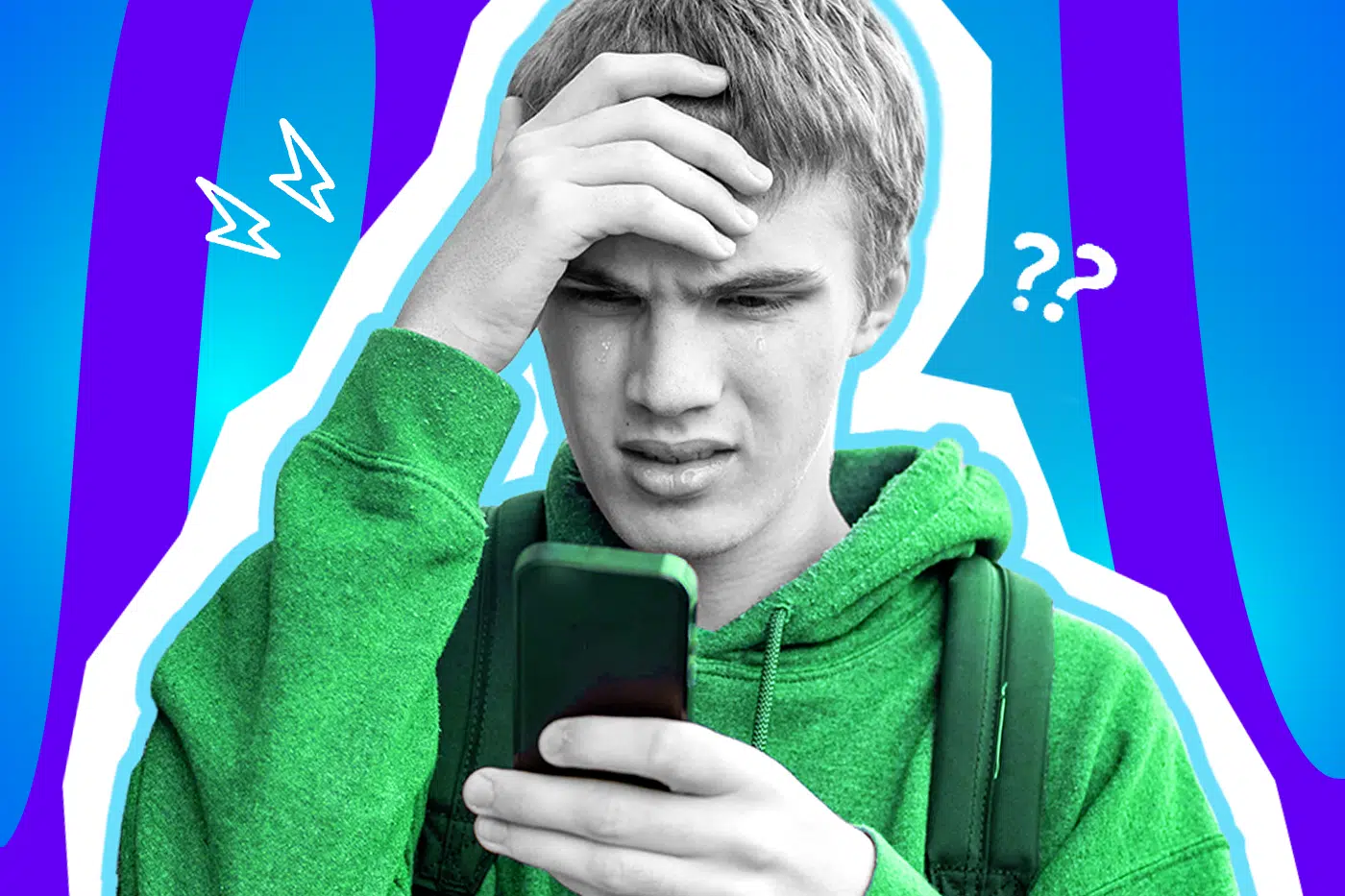 Humorvolle Collage zum Thema emotionale Überforderung und irrationale Tränen: Eine weinende Person in Schwarz-Weiß blickt völlig verzweifelt auf ein Smartphone in der Hand und fasst sich gestresst an die Stirn. Die Person trägt einen leuchtend grünen Kapuzenpullover. Weiße Blitz- und Fragezeichen-Icons um den Kopf sowie das Pop-Art-Motiv vor einem markanten blau-violetten Wellen-Hintergrund visualisieren pointiert den plötzlichen emotionalen Zusammenbruch, die absolute Reizüberflutung im Alltag und die völlig absurden Kleinigkeiten, die das Fass manchmal einfach zum Überlaufen bringen.