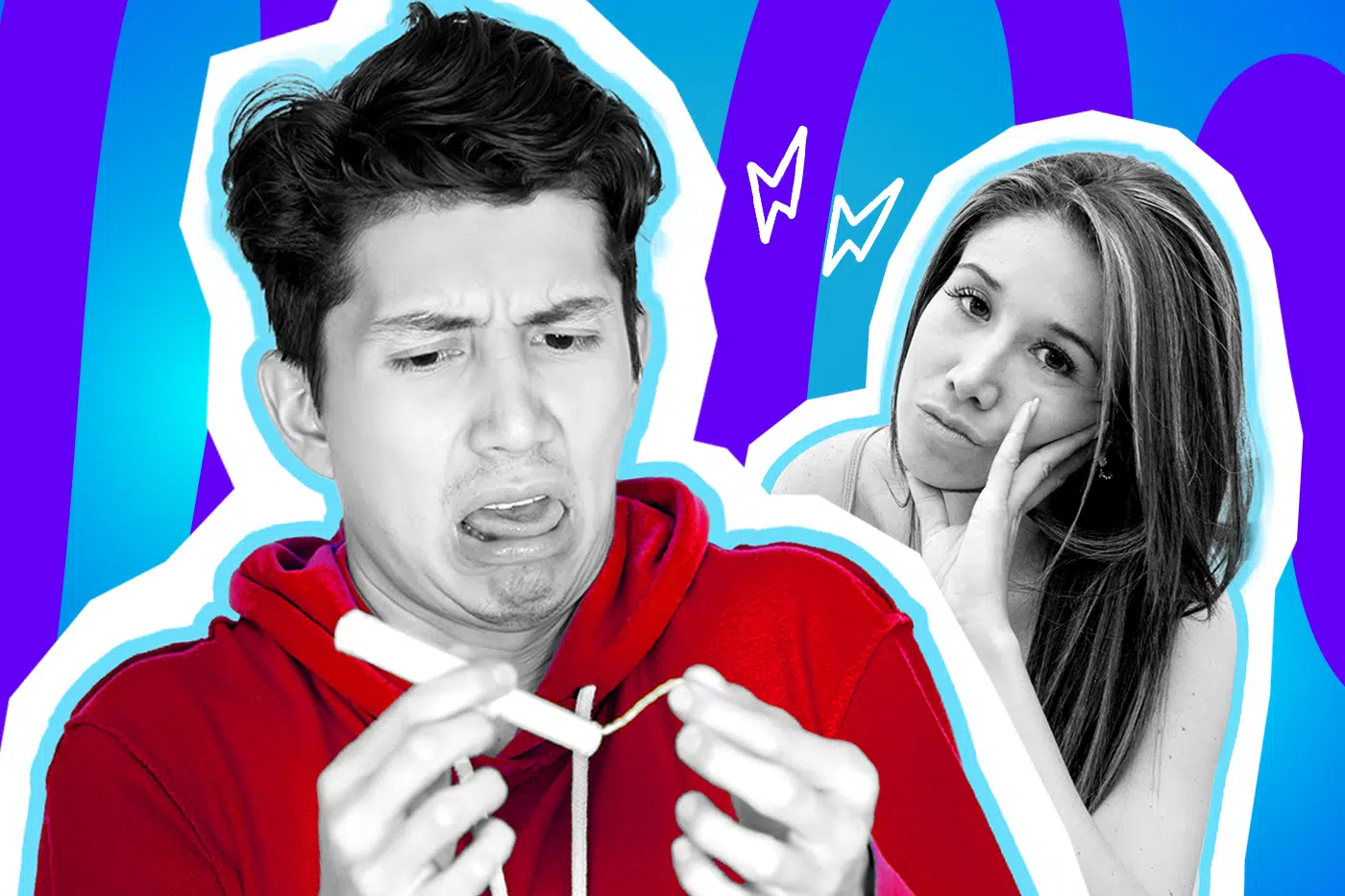 Humorvolle Collage zum Thema WTF-Momente und Fremdschämen: Im Vordergrund starrt ein Mann in Schwarz-Weiß mit völlig verwirrtem und angewidertem Gesichtsausdruck auf einen Tampon, den er fragend an der Schnur festhält. Er trägt einen leuchtend roten Kapuzenpullover. Im Hintergrund blickt eine Frau in Schwarz-Weiß extrem genervt in die Kamera und stützt resigniert ihren Kopf in die Hand. Weiße Blitz-Icons und das Pop-Art-Motiv vor einem markanten blau-violetten Wellen-Hintergrund visualisieren pointiert das absolute Kopfschütteln, peinliche Aussetzer (wie männliche Überforderung bei Hygieneartikeln) und die pure Cringe-Gefahr in skurrilen Alltagssituationen.