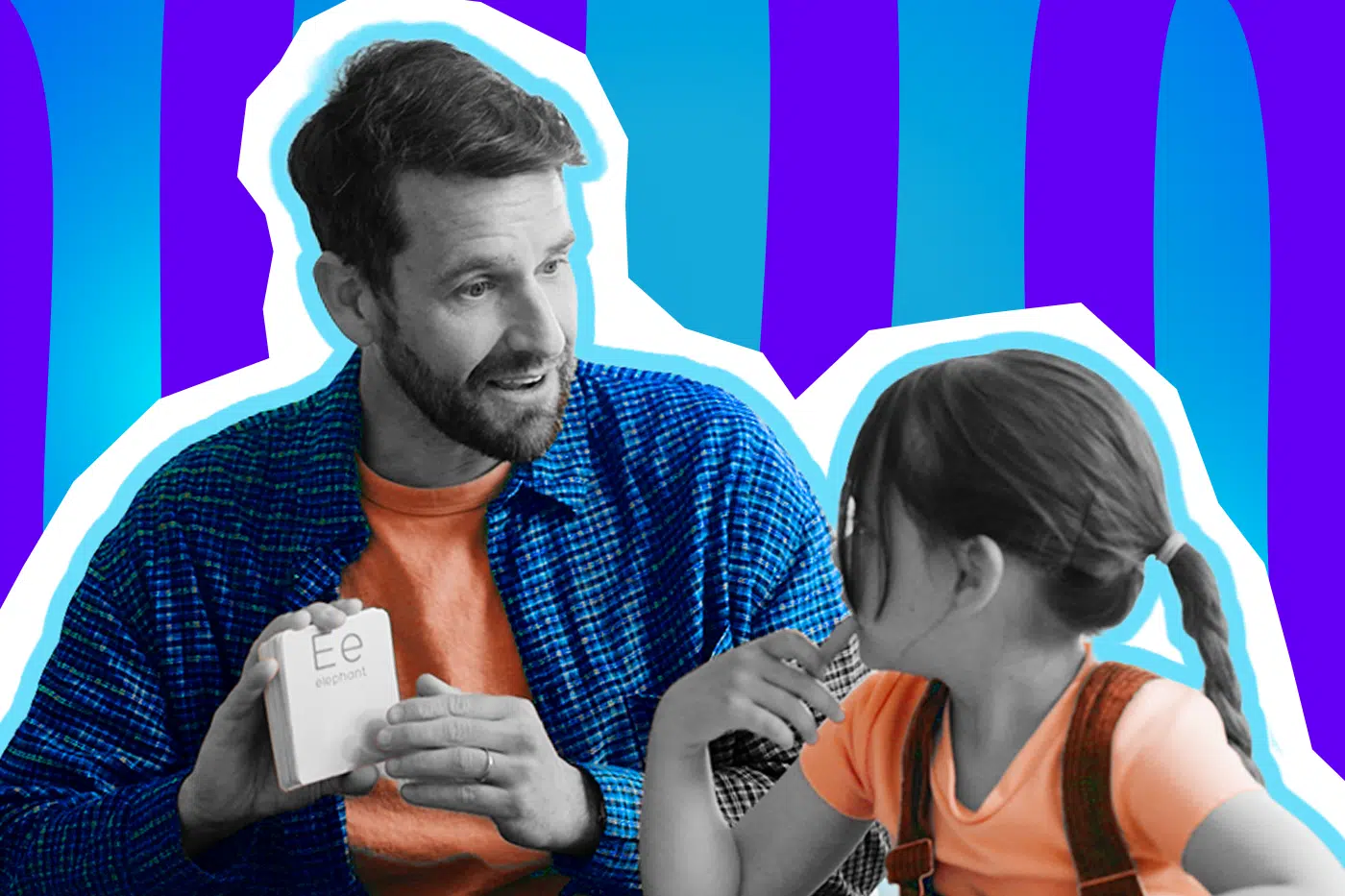 Humorvolle Collage zum Thema Lernen und Klausurvorbereitung: Ein motiviert blickender Mann in Schwarz-Weiß hält erklärend eine Lernkarte mit der Aufschrift „Ee elephant“ hoch. Er trägt ein leuchtend blau kariertes Hemd über einem orangefarbenen T-Shirt. Ihm gegenüber sitzt ein kleines Mädchen in Schwarz-Weiß mit einem orangefarbenen Shirt und einer braunen Latzhose, das aufmerksam, aber auch leicht nachdenklich auf die Karte schaut. Das Pop-Art-Motiv vor einem blau-violetten Wellen-Hintergrund visualisiert humorvoll den elterlichen Nachhilfe-Einsatz und die mühsame (aber oft ablenkungsreiche) Vorbereitung auf Schulaufgaben