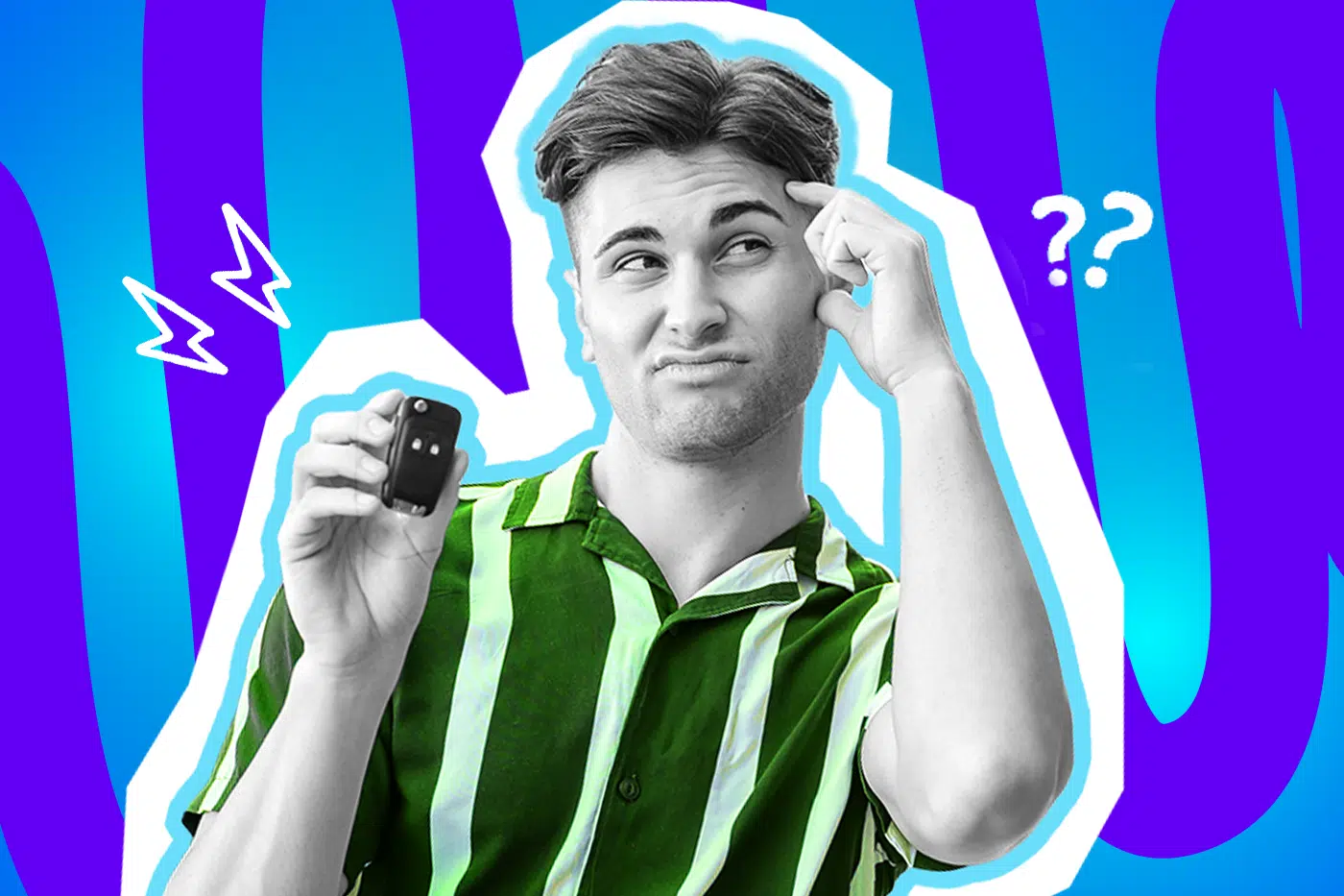 Humorvolle Collage zum Thema Führerschein und Nicht-Autofahrer: Ein verwirrt und leicht ahnungslos dreinblickender Mann in Schwarz-Weiß kratzt sich nachdenklich am Kopf, während er in der anderen Hand fragend einen Autoschlüssel betrachtet. Er trägt ein leuchtend grün-weiß gestreiftes Hemd, das farblich stark hervortritt. Weiße Fragezeichen- und Blitz-Icons sowie das Pop-Art-Motiv vor einem markanten blau-violetten Wellen-Hintergrund visualisieren pointiert die absolute Ahnungslosigkeit von Menschen ohne Führerschein, die Tücken des Autofahrens und die allgemeine Überforderung, wenn man plötzlich selbst hinters Lenkrad soll.