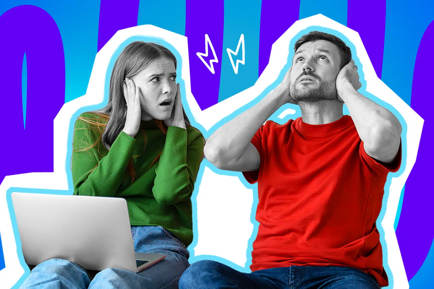 Humorvolle Collage zum Thema Nachbarschaftsstreit und Lärmbelästigung: Ein Paar in Schwarz-Weiß sitzt sichtlich genervt beieinander und hält sich mit schmerzverzerrten Gesichtern verzweifelt die Ohren zu. Der Mann, der ein leuchtend rotes T-Shirt trägt, blickt dabei strafend und flehend nach oben zur Zimmerdecke. Die Frau daneben trägt einen knallgrünen Pullover, schaut fassungslos und hat einen aufgeklappten Laptop vor sich auf dem Schoß. Weiße Blitz-Icons und das Pop-Art-Motiv vor einem markanten blau-violetten Wellen-Hintergrund visualisieren pointiert den absoluten Horror von hellhörigen Wohnungen, trampelnden Nachbarn und dem ganz normalen Wahnsinn im Treppenhaus.