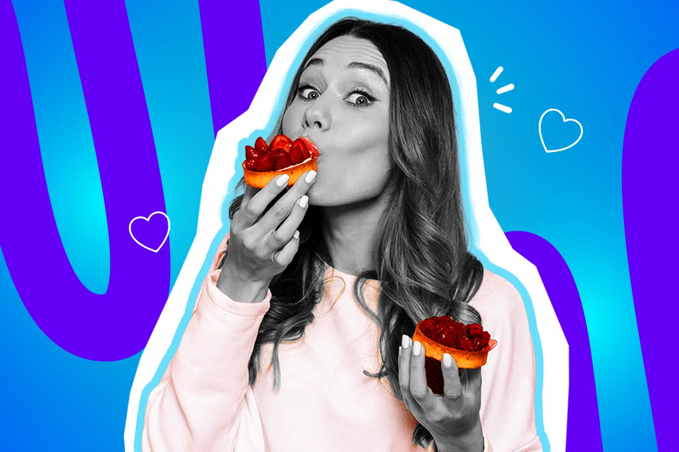 Humorvolle Collage zum Thema Dessertliebe und Naschkatzen: Eine völlig begeisterte Frau in Schwarz-Weiß mit weit aufgerissenen Augen beißt genüsslich in ein kleines, fruchtiges Erdbeertörtchen in leuchtenden Farben. In der anderen Hand hält sie vorsichtshalber direkt das nächste Törtchen parat. Sie trägt einen zartrosa Pullover. Weiße Herz-Icons und das Pop-Art-Motiv vor einem markanten blau-violetten Wellen-Hintergrund visualisieren pointiert die unbändige Vorfreude, die pure Lust auf Süßes und die absolute Gewissheit, dass für den Nachtisch immer noch ein zweiter Magen bereitsteht.