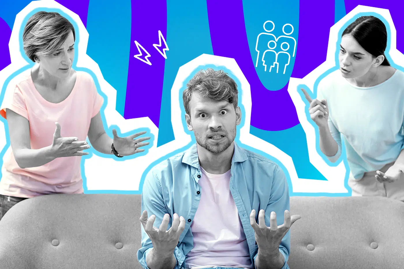 Humorvolle Collage zum Thema Schwiegereltern und Familienstreit: In der Mitte sitzt ein völlig überforderter, gestresster Mann auf einem grauen Sofa, blickt mit aufgerissenen Augen verzweifelt in die Kamera und hebt hilflos die Hände. Er trägt ein hellblaues Hemd über einem rosa T-Shirt. Hinter ihm stehen zwei aufgebrachte Frauen in Schwarz-Weiß, die ihn in die Zange nehmen: Links eine ältere Frau in einem rosa T-Shirt, die wild und anklagend gestikuliert, rechts eine jüngere Frau in einem hellblauen Oberteil, die streng mit dem Finger auf ihn zeigt. Weiße Blitz-Icons, ein Familien-Icon und das Pop-Art-Motiv vor einem markanten blau-violetten Wellen-Hintergrund visualisieren pointiert das klassische "Zwischen den Stühlen stehen", den Generationenkonflikt und den puren Stress mit dem berüchtigten Schwiegermonster.