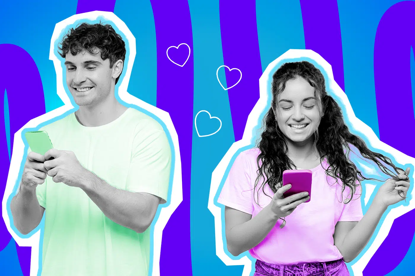 Humorvolle Collage zum Thema Dating, Flirten und Beziehungsstatus: Auf der linken Seite steht ein lächelnder Mann in Schwarz-Weiß, der in einem leuchtend mintgrünen T-Shirt fröhlich auf sein farblich passendes Smartphone tippt. Auf der rechten Seite blickt eine junge Frau in Schwarz-Weiß glücklich auf ihr knallpinkes Handy, während sie sich spielerisch eine lockige Haarsträhne um den Finger wickelt. Sie trägt ein leuchtend pinkfarbenes T-Shirt. Weiße, schwebende Herz-Icons und das Pop-Art-Motiv vor einem markanten blau-violetten Wellen-Hintergrund visualisieren pointiert das aufregende Kribbeln beim Flirten per Chat, die sprichwörtliche rosa Brille in der Kennenlernphase und den ständigen Austausch von Dating-Gossip.