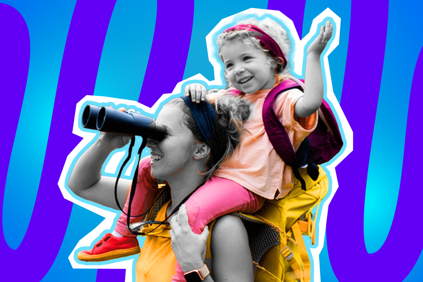 Humorvolle Collage zum Thema Wandern, Familienausflüge und Funktionskleidung: Im Zentrum steht eine lächelnde Frau in Schwarz-Weiß, die angestrengt durch ein schwarzes Fernglas schaut. Auf ihren Schultern sitzt ein lachendes Kind in Schwarz-Weiß in einer leuchtend gelben Wanderkraxe und streckt begeistert einen Arm in die Höhe. Die Outfits der beiden stechen farblich extrem stark hervor: Die Frau trägt ein dunkelblaues Stirnband und ein gelb-orangefarbenes Oberteil, das Kind ein pfirsichfarbenes Shirt, knallpinke Hosen, ein weinrotes Stirnband und leuchtend rote Schuhe. Das Pop-Art-Motiv vor einem markanten blau-violetten Wellen-Hintergrund visualisiert pointiert die vermeintlich fröhliche Wander-Idylle, die im ironischen, absoluten Kontrast zu dem im Text beschriebenen Kindheitstrauma von schweren Rucksäcken und verhasster Outdoor-Kleidung steht.