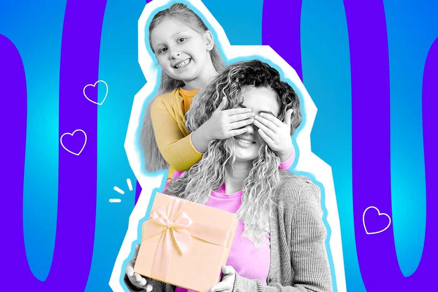 Humorvolle Collage zum Thema Geburtstagsgeschenke und Überraschungen: Ein fröhlich lächelndes Kind in Schwarz-Weiß steht hinter einer Frau und hält ihr spielerisch von hinten die Augen zu. Das Kind trägt ein leuchtend gelbes Oberteil. Die Frau, ebenfalls in Schwarz-Weiß, lächelt sanft, trägt ein knallpinkes Shirt unter einer Strickjacke und hält erwartungsvoll ein pfirsichfarbenes Geschenk mit einer großen Schleife in den Händen. Weiße Herz-Icons und das Pop-Art-Motiv vor einem markanten blau-violetten Wellen-Hintergrund visualisieren pointiert die Vorfreude, die klassische Geburtstagsüberraschung und das schöne (aber im Vorfeld oft stressige) Thema Schenken.