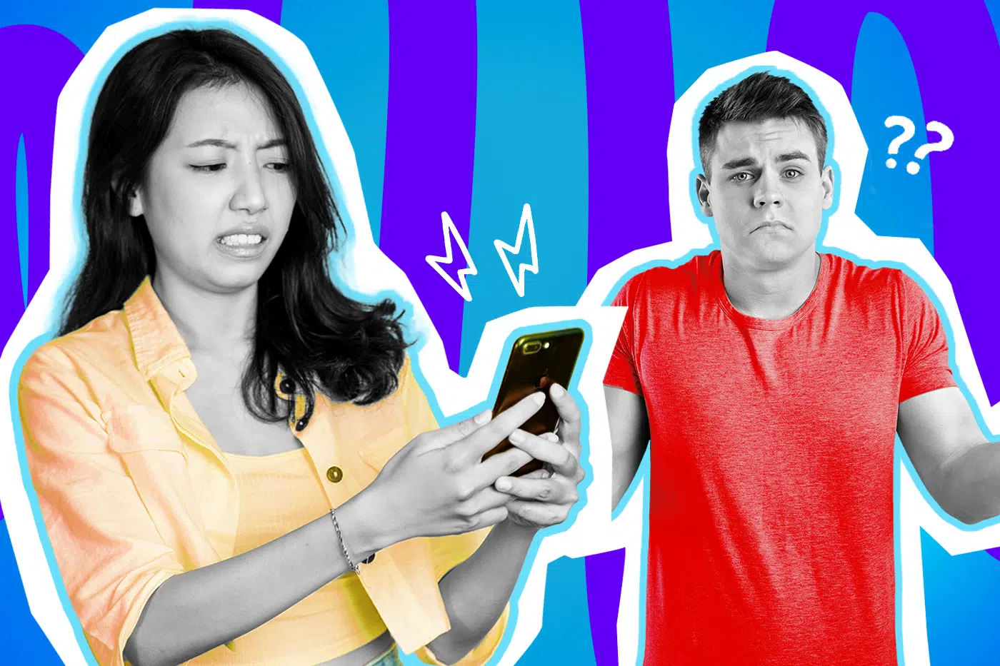 Humorvolle Collage zum Thema Dating-Fails und unangenehme Chat-Nachrichten: Auf der linken Seite starrt eine Frau in Schwarz-Weiß mit extrem angewidertem und irritiertem Gesichtsausdruck auf ihr Smartphone. Sie trägt ein leuchtend gelbes Oberteil. Auf der rechten Seite steht ein ahnungslos dreinblickender Mann in Schwarz-Weiß, der in einem knallroten T-Shirt völlig ratlos die Schultern hochzieht. Weiße Blitz- und Fragezeichen-Icons sowie das Pop-Art-Motiv vor einem markanten blau-violetten Wellen-Hintergrund visualisieren pointiert den absoluten Fremdscham-Moment, völlig deplatzierte Anmachsprüche und das klassische "Warum antwortet sie mir nicht?"-Phänomen beim Online-Dating.