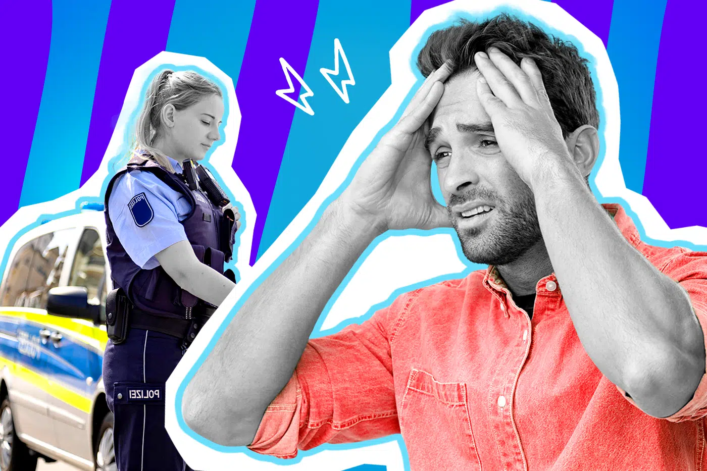 Humorvolle Collage zum Thema Verkehrskontrolle und Polizei-Fails: Auf der linken Seite sieht man eine Polizistin in Uniform in Schwarz-Weiß, die im Hintergrund neben einem blau-gelben Streifenwagen steht und etwas notiert. Auf der rechten Seite steht ein völlig verzweifelter, gestresster Mann in Schwarz-Weiß, der sich mit schmerzverzerrtem Gesicht panisch beide Hände an den Kopf schlägt. Er trägt ein leuchtend korallenrotes Hemd, das farblich extrem stark hervortritt. Weiße Blitz-Icons und das Pop-Art-Motiv vor einem markanten blau-violetten Wellen-Hintergrund visualisieren pointiert die plötzliche Schweißattacke, absurde Überforderung und das klassische "Oh mein Gott, was habe ich falsch gemacht?"-Gefühl, wenn das rote "Bitte folgen"-Schild aufleuchtet.