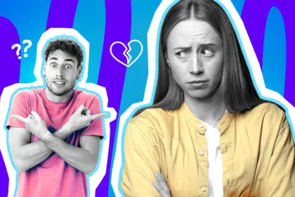 Humorvolle Collage zum Thema Dating-Fails und Absagen: Ein verwirrt dreinblickender Mann in Schwarz-Weiß mit einem leuchtend pinken T-Shirt kreuzt die Arme und zeigt ratlos in zwei verschiedene Richtungen. Rechts daneben steht eine skeptisch zur Seite blickende Frau in Schwarz-Weiß mit einem gelben Hemd und verschränkten Armen. Zwischen ihnen schwebt ein weißes Icon eines gebrochenen Herzens, über dem Kopf des Mannes weiße Fragezeichen. Das Pop-Art-Motiv vor einem blau-violetten Wellen-Hintergrund visualisiert humorvoll absurde Körbe, Missverständnisse und die typische Überforderung beim Dating.