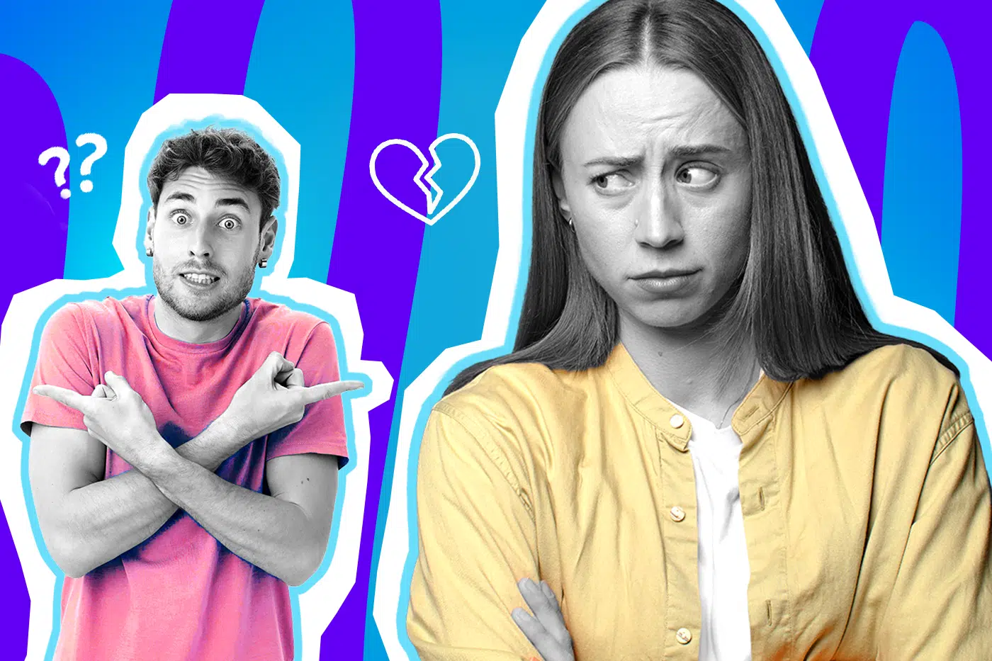 Humorvolle Collage zum Thema Dating-Fails und Absagen: Ein verwirrt dreinblickender Mann in Schwarz-Weiß mit einem leuchtend pinken T-Shirt kreuzt die Arme und zeigt ratlos in zwei verschiedene Richtungen. Rechts daneben steht eine skeptisch zur Seite blickende Frau in Schwarz-Weiß mit einem gelben Hemd und verschränkten Armen. Zwischen ihnen schwebt ein weißes Icon eines gebrochenen Herzens, über dem Kopf des Mannes weiße Fragezeichen. Das Pop-Art-Motiv vor einem blau-violetten Wellen-Hintergrund visualisiert humorvoll absurde Körbe, Missverständnisse und die typische Überforderung beim Dating.