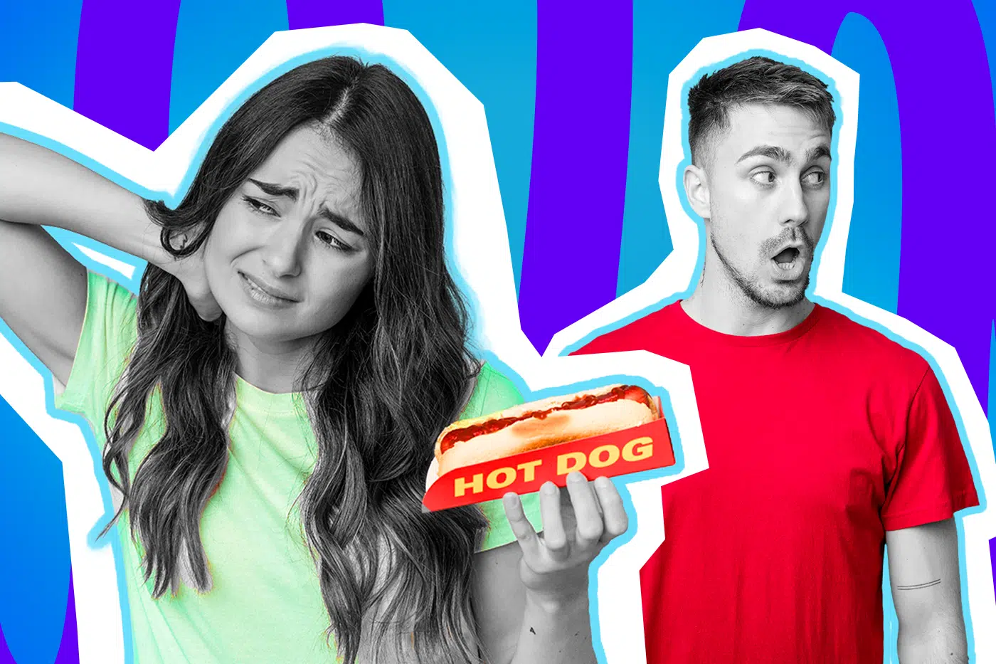 Humorvolle Collage zum Thema vegetarische Ernährung und Fleisch-Diskussionen: Auf der linken Seite steht eine skeptisch und leicht angewidert blickende Frau in Schwarz-Weiß, die sich gestresst in den Nacken fasst. Sie trägt ein leuchtend neongrünes T-Shirt und hält zögerlich einen knallbunten Hot Dog in der Hand. Rechts daneben steht ein schockiert blickender Mann in Schwarz-Weiß, der mit weit aufgerissenem Mund auf den Hot Dog starrt. Er trägt ein leuchtend rotes T-Shirt. Das Pop-Art-Motiv vor einem blau-violetten Wellen-Hintergrund visualisiert humorvoll das völlig überzogene Drama und das absolute Unverständnis, mit dem Vegetarier im Alltag oft konfrontiert werden.