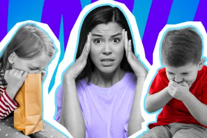 Humorvolle Collage zum Thema eklige Momente mit Kindern: Im Zentrum steht eine entsetzt und angewidert blickende Frau in Schwarz-Weiß, die sich fassungslos an den Kopf fasst. Sie trägt ein lilafarbenes Oberteil. Links von ihr beugt sich ein Kind in Schwarz-Weiß über eine braune Papiertüte. Rechts daneben hält sich ein weiteres Kind in einem leuchtend roten T-Shirt würgend die Hände vor den Mund. Das Pop-Art-Motiv vor einem blau-violetten Wellen-Hintergrund visualisiert humorvoll den Ekel und die unverblümte Realität im Leben mit Kindern.