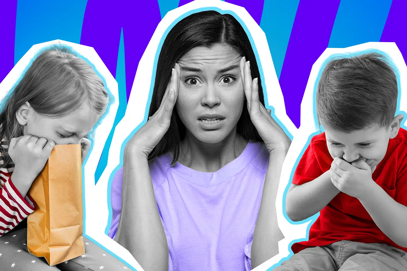 Humorvolle Collage zum Thema eklige Momente mit Kindern: Im Zentrum steht eine entsetzt und angewidert blickende Frau in Schwarz-Weiß, die sich fassungslos an den Kopf fasst. Sie trägt ein lilafarbenes Oberteil. Links von ihr beugt sich ein Kind in Schwarz-Weiß über eine braune Papiertüte. Rechts daneben hält sich ein weiteres Kind in einem leuchtend roten T-Shirt würgend die Hände vor den Mund. Das Pop-Art-Motiv vor einem blau-violetten Wellen-Hintergrund visualisiert humorvoll den Ekel und die unverblümte Realität im Leben mit Kindern.
