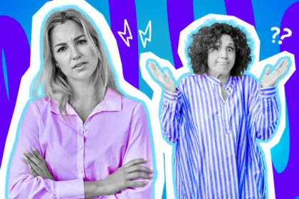 Ausdrucksstarke Collage zum Thema Alltagsrassismus, Mikroaggressionen und Konflikte am Arbeitsplatz: Auf der linken Seite steht eine Frau in Schwarz-Weiß mit verschränkten Armen und einem extrem genervten, kritischen und leicht fassungslosen Blick. Sie trägt eine leuchtend pinkfarbene Bluse. Auf der rechten Seite zuckt eine Frau in Schwarz-Weiß mit lockigen Haaren völlig ahnungslos und mit gespielter oder echter Unschuldsmiene mit den Schultern. Sie trägt ein blau-weiß gestreiftes weites Hemd, das farblich stark hervortritt. Weiße Blitz- und Fragezeichen-Icons zwischen den beiden sowie das Pop-Art-Motiv vor einem markanten blau-violetten Wellen-Hintergrund visualisieren pointiert die toxische Dynamik von unbedachten Äußerungen, verletzenden Vorurteilen und den Moment, in dem man bei einer scheinbar "harmlosen" Frage absolut sprachlos zurückbleibt.