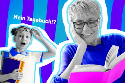 Ausdrucksstarke Collage zum Thema Privatsphäre und Vertrauensbruch: Ein fassungslos blickendes Mädchen in Schwarz-Weiß fasst sich schockiert an die Brille. Sie trägt ein Hemd mit leuchtend blauem Kragen und hält Schulbücher im Arm. Rechts daneben sitzt eine lächelnde Frau in einem blauen Oberteil, die amüsiert in einem aufgeschlagenen, pinkfarbenen Buch liest. Der weiße Schriftzug „Mein Tagebuch!?“ und der markante blau-violette Wellen-Hintergrund unterstreichen visuell den Schockmoment und das grenzüberschreitende Verhalten von Eltern.