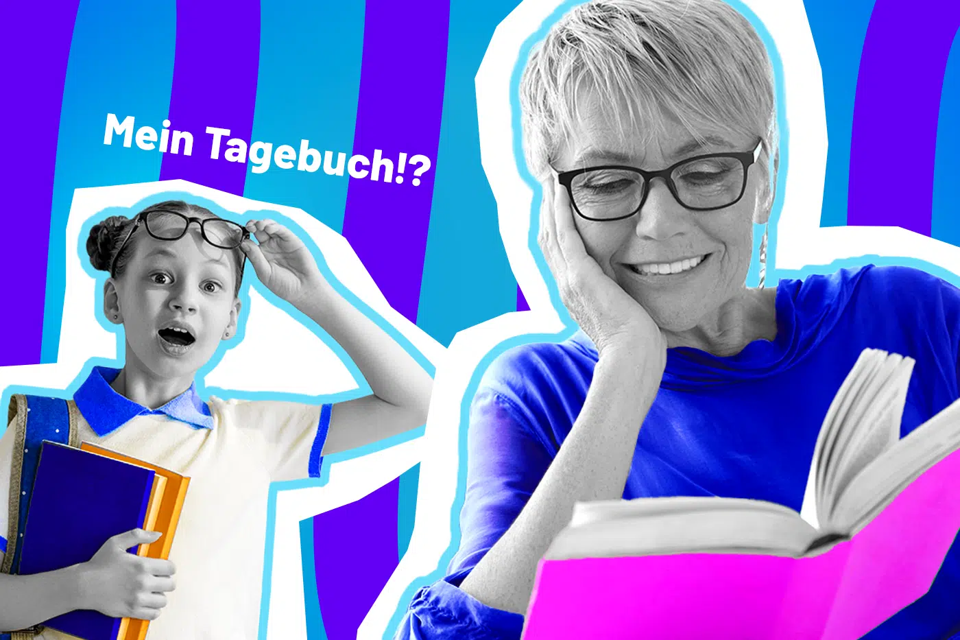 Ausdrucksstarke Collage zum Thema Privatsphäre und Vertrauensbruch: Ein fassungslos blickendes Mädchen in Schwarz-Weiß fasst sich schockiert an die Brille. Sie trägt ein Hemd mit leuchtend blauem Kragen und hält Schulbücher im Arm. Rechts daneben sitzt eine lächelnde Frau in einem blauen Oberteil, die amüsiert in einem aufgeschlagenen, pinkfarbenen Buch liest. Der weiße Schriftzug „Mein Tagebuch!?“ und der markante blau-violette Wellen-Hintergrund unterstreichen visuell den Schockmoment und das grenzüberschreitende Verhalten von Eltern.
