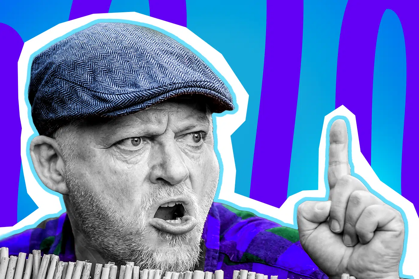 Humorvolle Collage zum Thema „Alman“-Klischees: Ein älterer, schimpfender Mann mit Schiebermütze in Schwarz-Weiß blickt wütend über einen kleinen Gartenzaun und erhebt mahnend den Zeigefinger. Er trägt ein auffällig violett-blau kariertes Hemd. Das Pop-Art-Motiv vor einem blau-violetten Wellen-Hintergrund visualisiert humorvoll den stereotypen, meckernden Nachbarn und die sprichwörtliche deutsche Pingeligkeit.