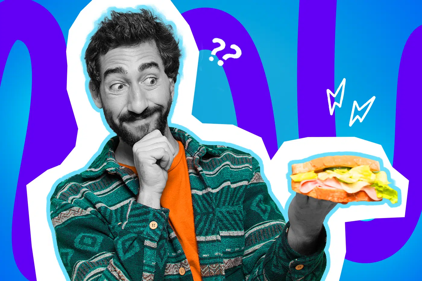 Ausdrucksstarke Collage zum Thema toxische Online-Diskussionen: Ein nachdenklich und skeptisch blickender Mann in Schwarz-Weiß fasst sich ans Kinn und betrachtet verwundert ein buntes, belegtes Sandwich in seiner ausgestreckten Hand. Er trägt ein leuchtend orangefarbenes T-Shirt unter einem grün gemusterten Hemd. Weiße Fragezeichen, Blitz-Icons und das Pop-Art-Motiv vor einem blau-violetten Wellen-Hintergrund visualisieren pointiert die völlige Verwirrung über eskalierende Social-Media-Kommentare und absurde Hassrede bei alltäglichen Themen.