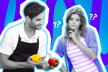 Humorvolle Collage zum Thema Wortfindungsschwierigkeiten und Einzelhandel-Fails: Auf der linken Seite steht ein lächelnder Verkäufer in Schwarz-Weiß mit einer schwarzen Schürze, der hilfsbereit eine leuchtend gelbe und eine knallrote Paprika in Farbe in den Händen hält. Auf der rechten Seite steht eine Kundin in Schwarz-Weiß, die grübelnd den Zeigefinger ans Kinn legt und sichtlich überfragt dreinblickt. Sie trägt ein pink-weiß gestreiftes Shirt unter einem lilablauen Cardigan. Weiße Fragezeichen-Icons und das Pop-Art-Motiv vor einem markanten blau-violetten Wellen-Hintergrund visualisieren pointiert die typische Sprachlosigkeit, verwirrte Kundschaft und den lustigen "Ich brauche so ein Dingsbums"-Moment an der Verkaufstheke.