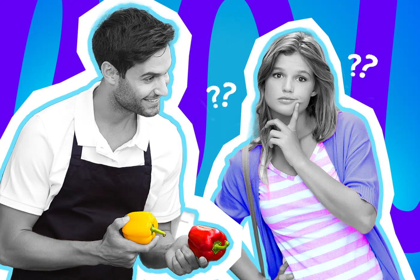 Humorvolle Collage zum Thema Wortfindungsschwierigkeiten und Einzelhandel-Fails: Auf der linken Seite steht ein lächelnder Verkäufer in Schwarz-Weiß mit einer schwarzen Schürze, der hilfsbereit eine leuchtend gelbe und eine knallrote Paprika in Farbe in den Händen hält. Auf der rechten Seite steht eine Kundin in Schwarz-Weiß, die grübelnd den Zeigefinger ans Kinn legt und sichtlich überfragt dreinblickt. Sie trägt ein pink-weiß gestreiftes Shirt unter einem lilablauen Cardigan. Weiße Fragezeichen-Icons und das Pop-Art-Motiv vor einem markanten blau-violetten Wellen-Hintergrund visualisieren pointiert die typische Sprachlosigkeit, verwirrte Kundschaft und den lustigen "Ich brauche so ein Dingsbums"-Moment an der Verkaufstheke.