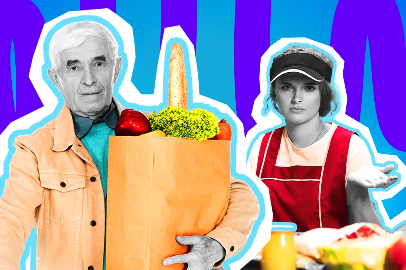 Humorvolle Collage zum Thema Supermarkt-Wahnsinn und Einzelhandels-Frust: Auf der linken Seite steht ein älterer Mann in Schwarz-Weiß, gekleidet in eine leuchtend orangefarbene Jacke über einem blauen Hemd. Er hält eine prall gefüllte, farbige Papiertüte mit Lebensmitteln (Baguette, Salat, Apfel, Karotte) in den Händen. Rechts von ihm blickt eine Kassiererin in Schwarz-Weiß mit roter Weste und schwarzem Visor völlig genervt, fassungslos und resigniert in die Kamera, während sie fragend eine Hand hebt. Das Pop-Art-Motiv vor einem markanten blau-violetten Wellen-Hintergrund visualisiert pointiert den täglichen Stress an der Kasse, unfreundliche Kundschaft und den kollektiven Ausnahmezustand beim Einkaufen.