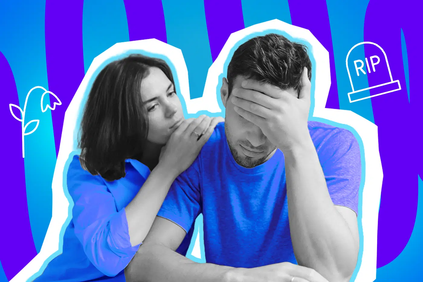 Emotionale Collage zum Thema Trauer, Verlust und Mitgefühl: Auf der linken Seite sitzt eine Frau in Schwarz-Weiß, die einem neben ihr sitzenden Mann tröstend und fürsorglich die Hand auf die Schulter legt. Sie trägt eine leuchtend blaue Bluse. Der Mann, ebenfalls in Schwarz-Weiß, trägt ein farblich passendes leuchtend blaues T-Shirt. Er blickt tief traurig nach unten und schlägt sich voller Trauer eine Hand vor das Gesicht. Weiße Icons – eine verwelkende Blume und ein Grabstein mit der Aufschrift "RIP" – sowie das Pop-Art-Motiv vor einem markanten blau-violetten Wellen-Hintergrund visualisieren pointiert die Themen Abschied, Trauerbewältigung und den Schmerz über den Verlust eines Menschen aus dem direkten Umfeld.