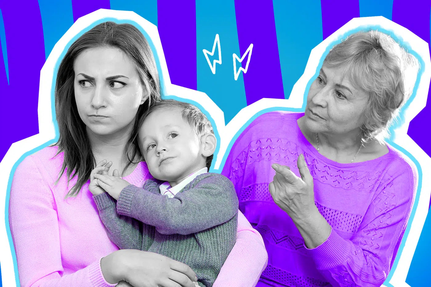 Humorvolle Collage zum Thema Eltern-Erwartungen und Schwiegereltern-Stress: Auf der linken Seite steht eine junge, völlig genervt und abwehrend dreinblickende Mutter in Schwarz-Weiß, die schützend ihr Kleinkind auf dem Arm hält. Sie trägt einen leuchtend pinkfarbenen Pullover. Das Kind in Schwarz-Weiß trägt eine graue Strickjacke und blickt unschuldig zur Seite. Rechts daneben steht eine ältere Frau in Schwarz-Weiß (die Schwiegermutter) in einem knalligen lila Pullover, die belehrend den Zeigefinger hebt und kritisch zur Mutter rüberschaut. Weiße Blitz-Icons zwischen den Frauen und das Pop-Art-Motiv vor einem markanten blau-violetten Wellen-Hintergrund visualisieren pointiert die angespannte Stimmung, unerbetene Erziehungsratschläge und das absolute Limit der elterlichen Nerven.