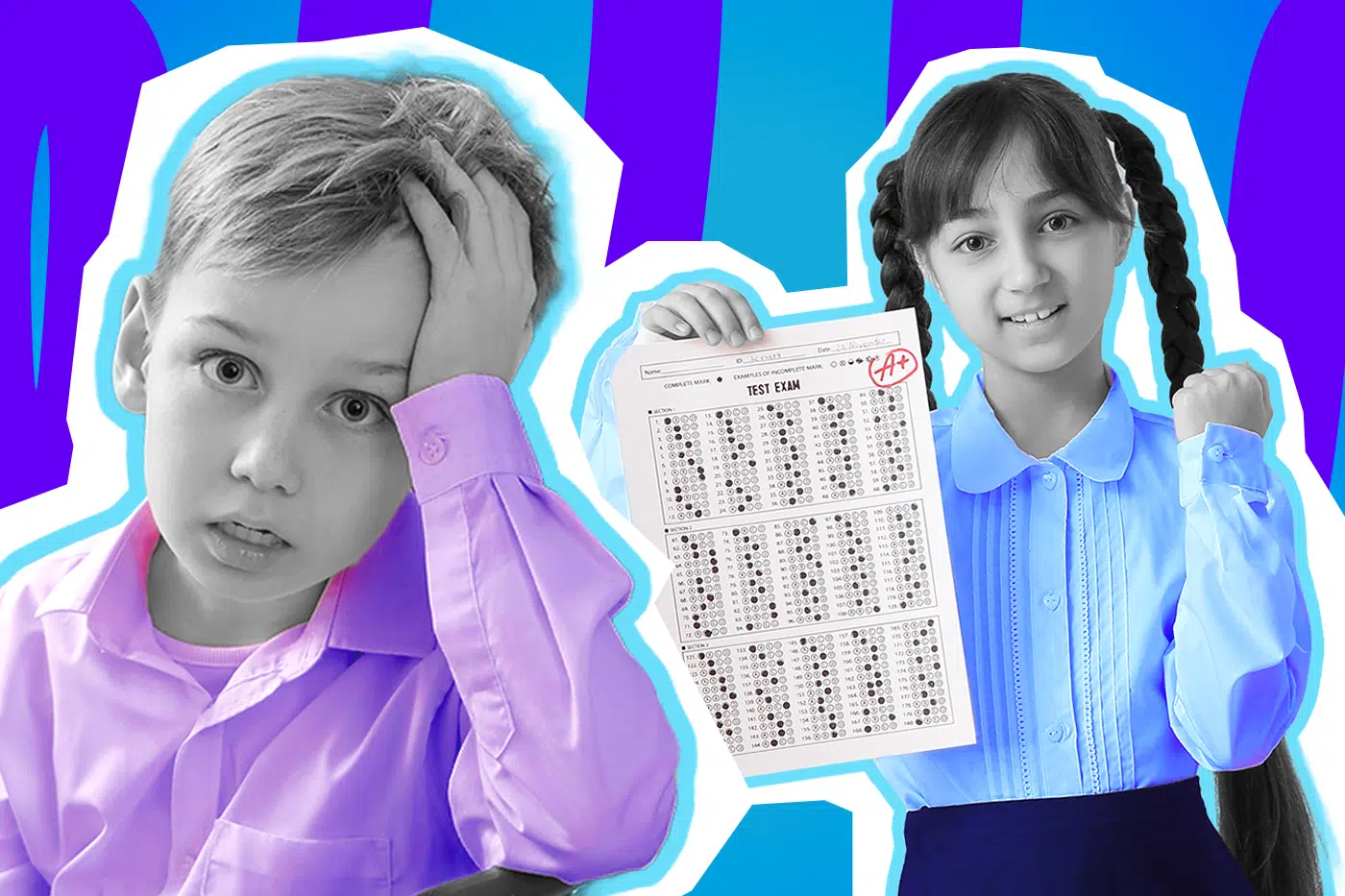 Ausdrucksstarke Collage zum Thema Notendruck und Schulstress: Auf der linken Seite fasst sich ein gestresst und überfordert blickender Junge in Schwarz-Weiß verzweifelt an den Kopf. Er trägt ein leuchtend lilafarbenes Hemd. Rechts daneben steht ein fröhlich lächelndes Mädchen mit Zöpfen in Schwarz-Weiß, das triumphierend eine Klassenarbeit mit der roten Bestnote „A+“ in die Kamera hält. Sie trägt eine knallblaue Bluse. Das Pop-Art-Motiv vor einem blau-violetten Wellen-Hintergrund visualisiert prägnant den krassen Kontrast zwischen schulischem Erfolgserlebnis und dem enormen Leistungsdruck, dem viele Kinder durch das Notensystem ausgesetzt sind.
