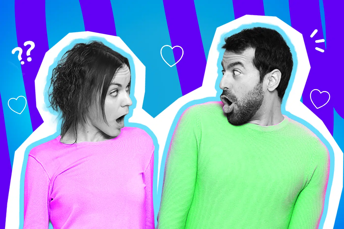 Humorvolle Collage zum Thema Schmetterlingseffekt und unerwartete Lebenswenden: Eine Frau und ein Mann in Schwarz-Weiß blicken sich mit weit aufgerissenen Augen und offenen Mündern völlig verblüfft und überrascht an. Sie trägt einen leuchtend pinkfarbenen Pullover, er einen knallgrünen. Weiße Herz- und Fragezeichen-Icons sowie das Pop-Art-Motiv vor einem markanten blau-violetten Wellen-Hintergrund visualisieren pointiert den absoluten "Mindblown"-Moment, wenn man plötzlich realisiert, dass ein vermeintlich nerviger Zufall oder ein kleines Missgeschick am Ende zu etwas absolut Wundervollem und Lebensveränderndem geführt hat.